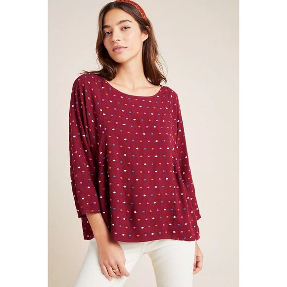 MAEVE Womens Top Medium Maroon Pullover Swiss Polka Dot Dottie ANTHROPOLOGIE - Picture 1 of 11